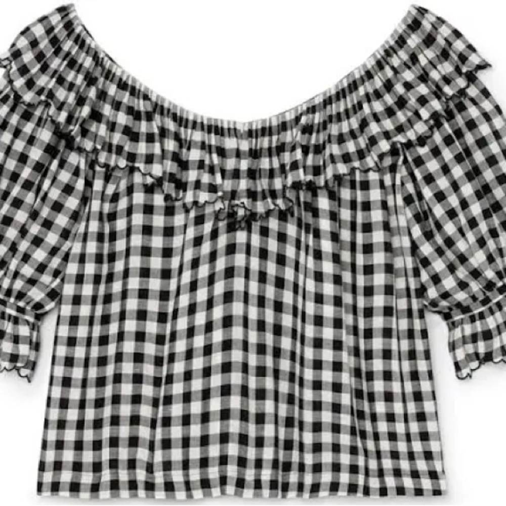 DOEN SAMARA GINGHAM Black and White Gingham Off-Shoulder Top SIZE SMALL